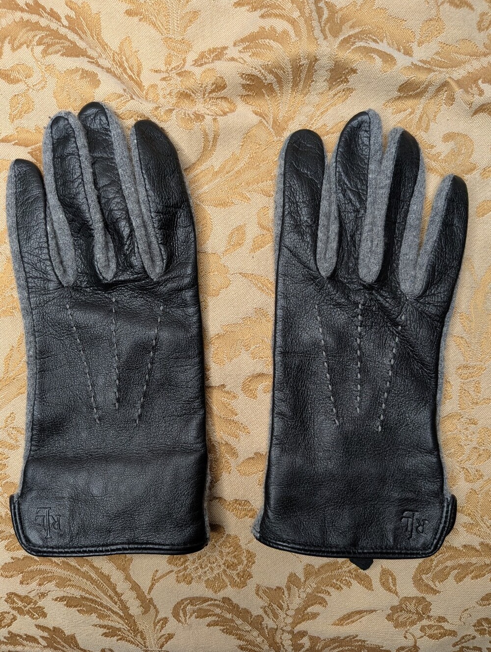 Women Ralph Lauren Black Leather Wool Winter Gloves Touch Index Fingertip Grip M